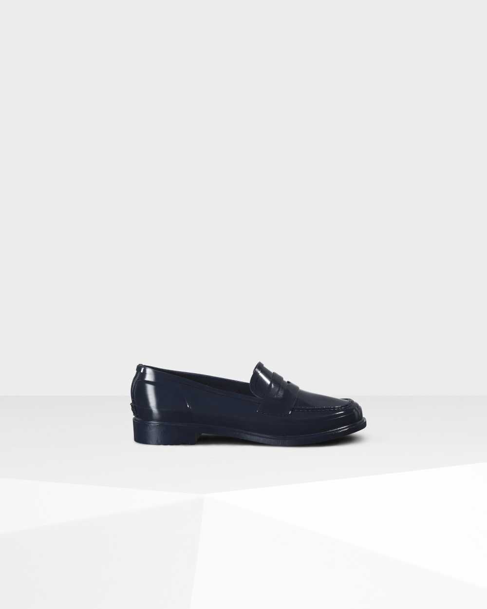 Womens Hunter Original Gloss Penny Loafers Navy | BLFHJT-436